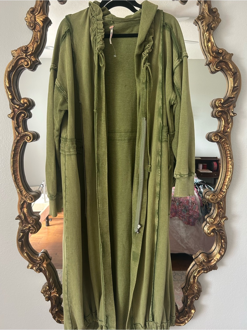 Free People Green Long Hooded trench Jacket Coat Sz Small